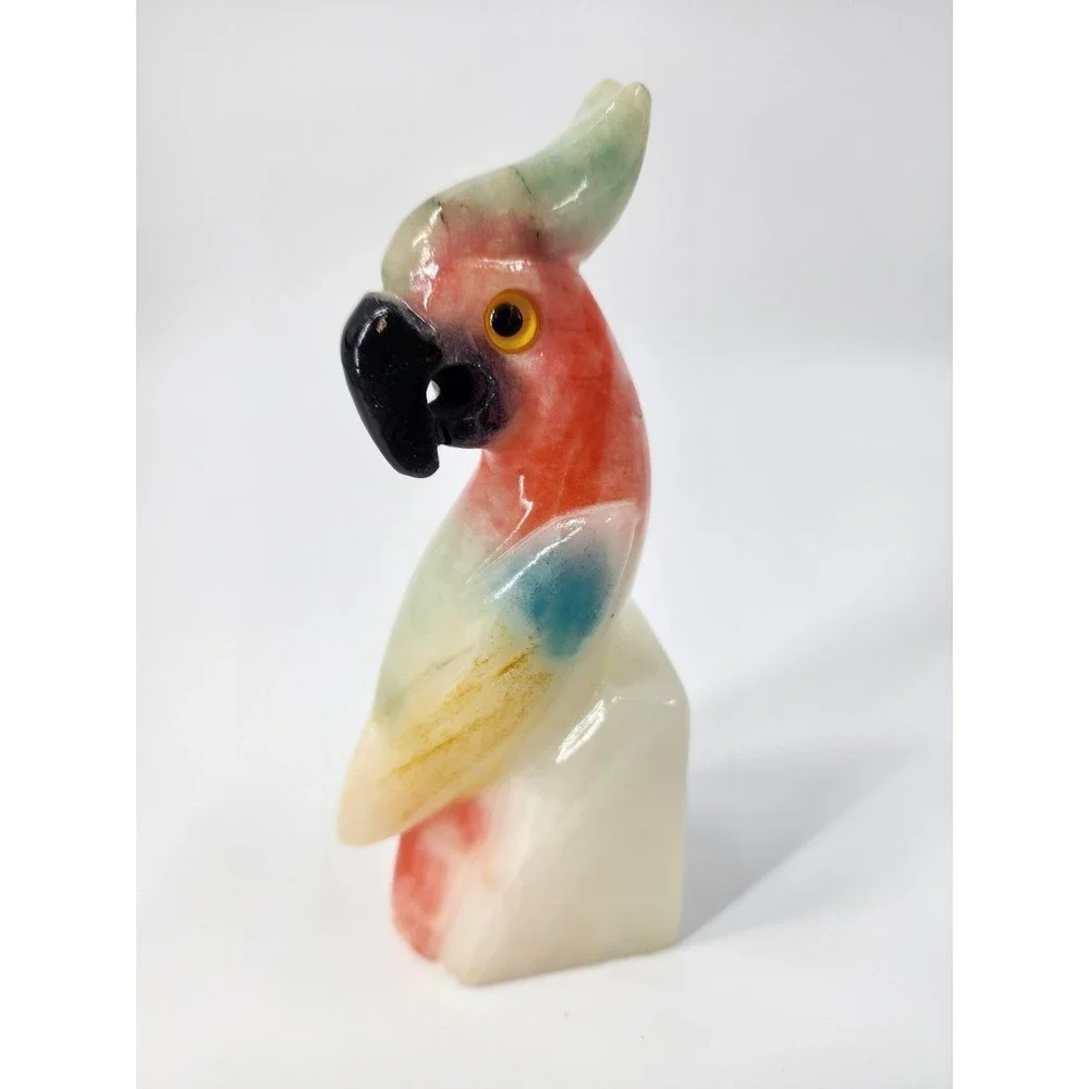 Vintage Hand Carved Onyx Stone Parrot Figurine Multi Color Bird Sculpture 5.5